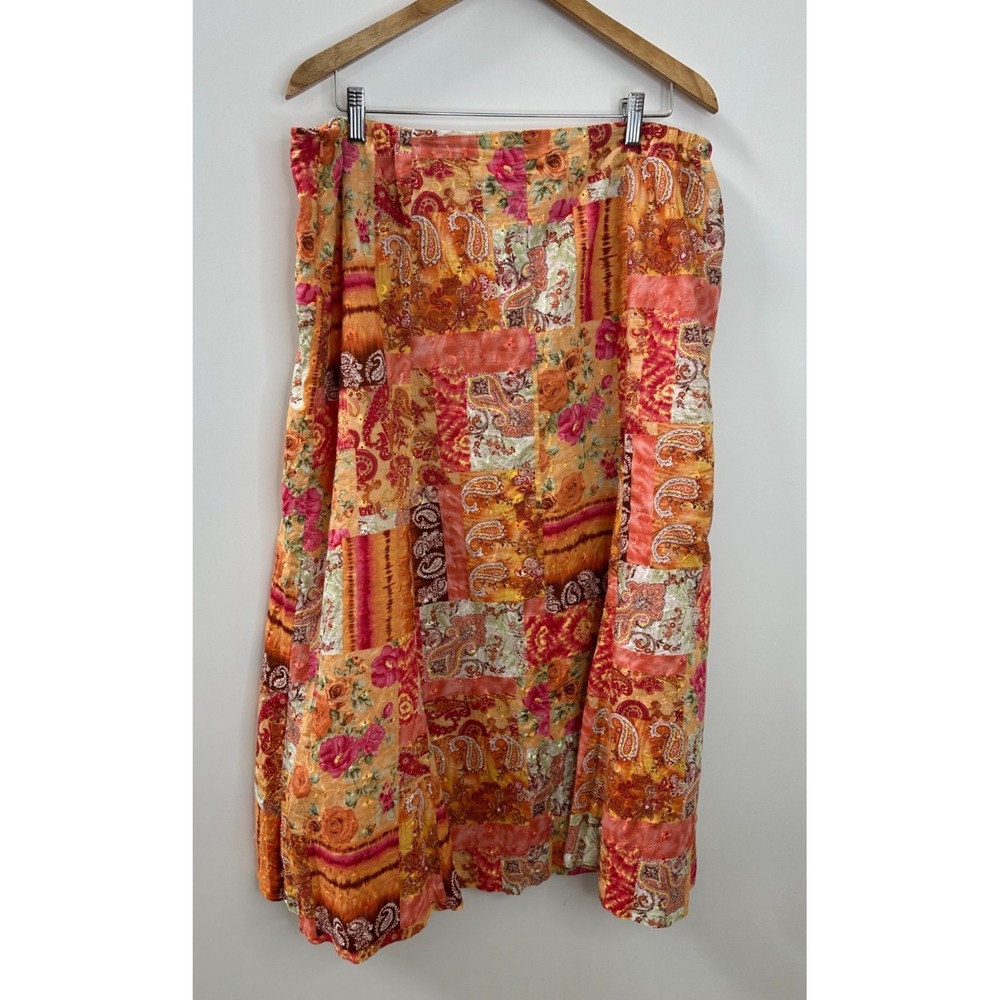 CJ Banks Orange Paisley Floral Patchwork Embroidered Midi Skirt Boho Plus Sz 16W - Picture 8 of 12